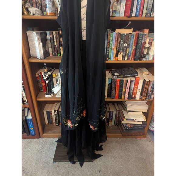 Vtg Cache 90s Y2K Black Gloral embroidered beaded silk maxi Dress Fairycore 12 - Picture 4 of 9
